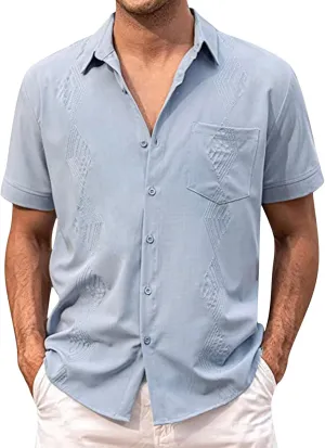 Men's Button Down Guayabera Shirts Cotton Linen Beach Summer Casual Shirts Top Mexican Embroidered Cuban Wedding Shirt