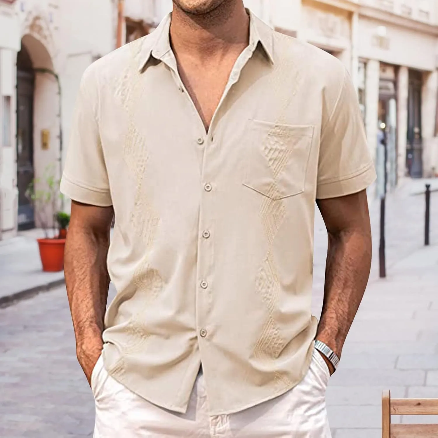 Men's Button Down Guayabera Shirts Cotton Linen Beach Summer Casual Shirts Top Mexican Embroidered Cuban Wedding Shirt
