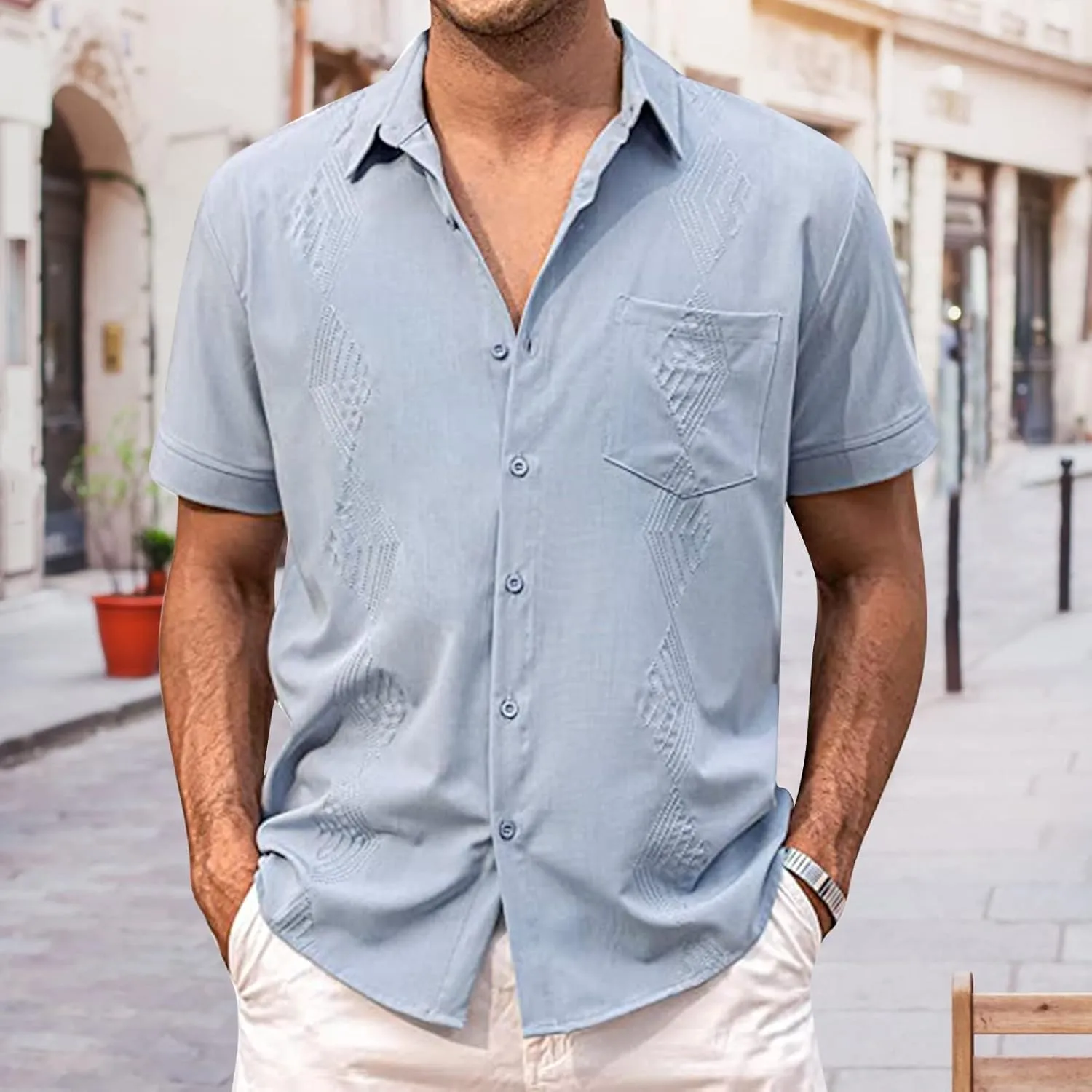 Men's Button Down Guayabera Shirts Cotton Linen Beach Summer Casual Shirts Top Mexican Embroidered Cuban Wedding Shirt