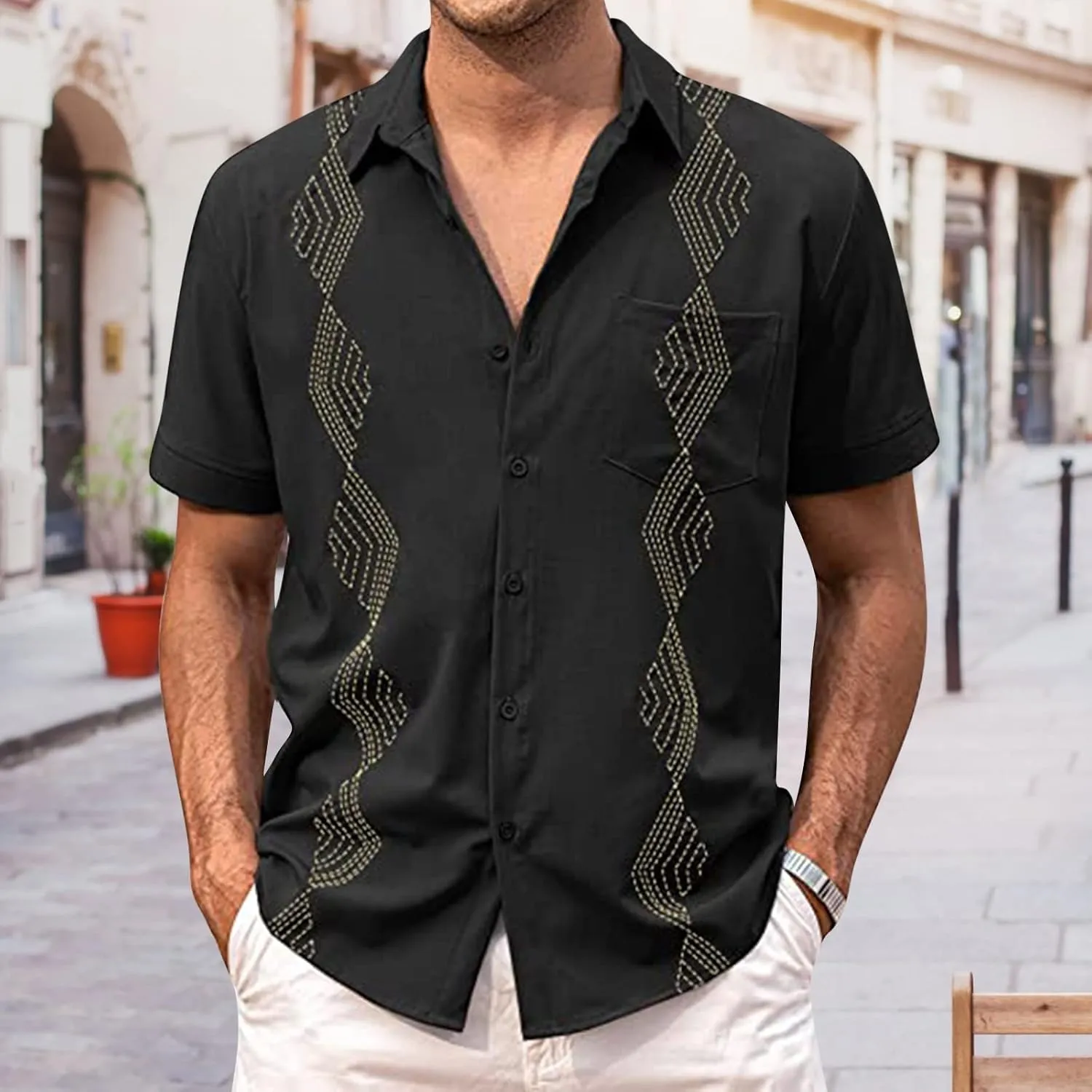 Men's Button Down Guayabera Shirts Cotton Linen Beach Summer Casual Shirts Top Mexican Embroidered Cuban Wedding Shirt