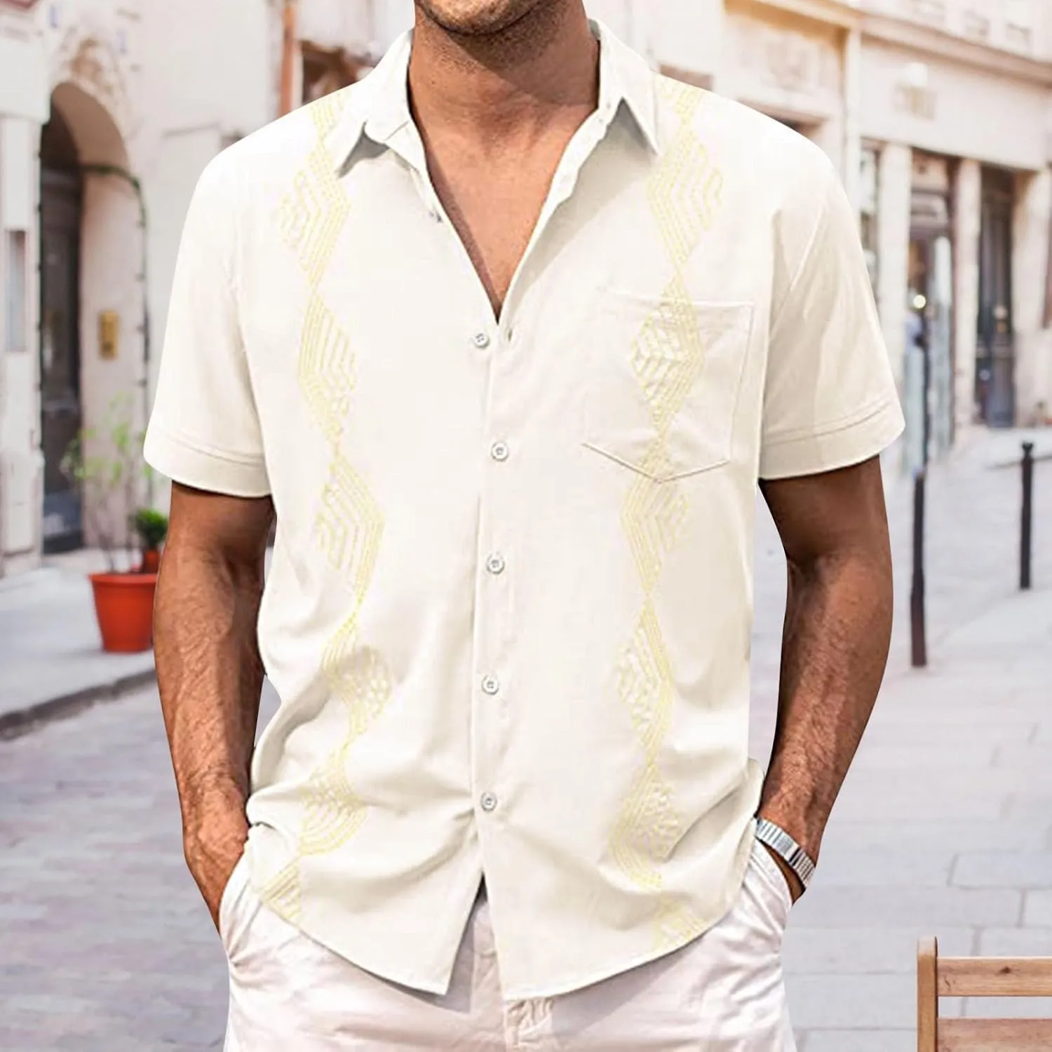 Men's Button Down Guayabera Shirts Cotton Linen Beach Summer Casual Shirts Top Mexican Embroidered Cuban Wedding Shirt