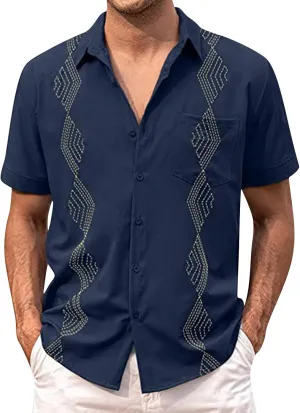 Men's Button Down Guayabera Shirts Cotton Linen Beach Summer Casual Shirts Top Mexican Embroidered Cuban Wedding Shirt