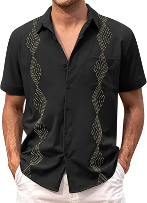 Men's Button Down Guayabera Shirts Cotton Linen Beach Summer Casual Shirts Top Mexican Embroidered Cuban Wedding Shirt