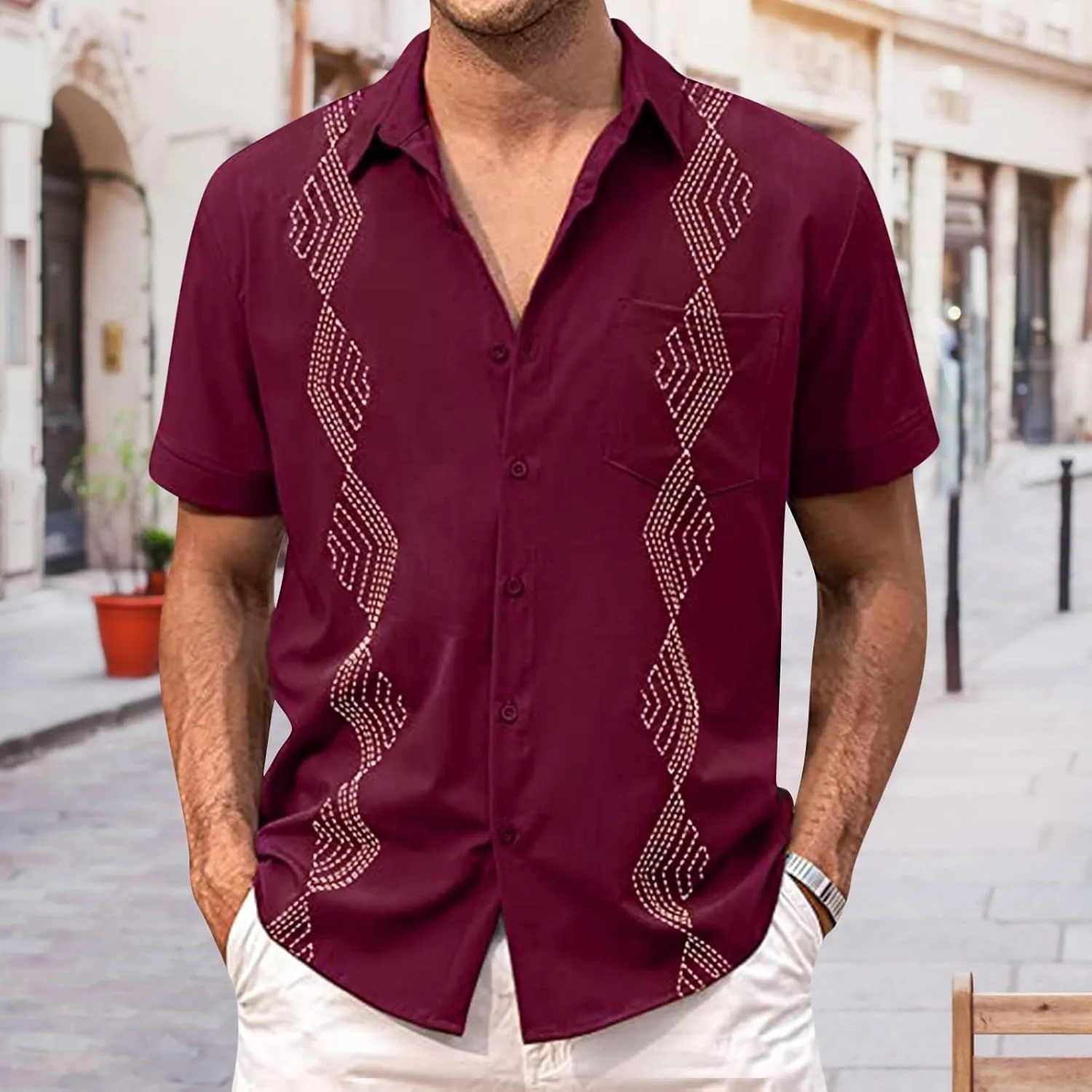 Men's Button Down Guayabera Shirts Cotton Linen Beach Summer Casual Shirts Top Mexican Embroidered Cuban Wedding Shirt