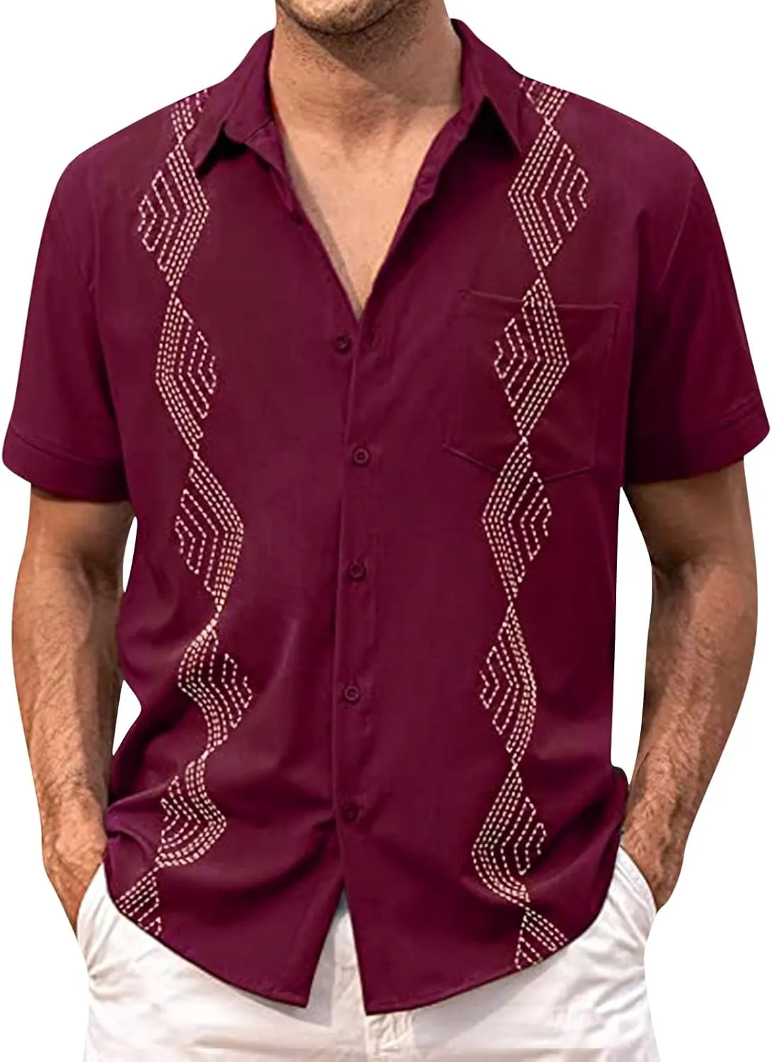 Men's Button Down Guayabera Shirts Cotton Linen Beach Summer Casual Shirts Top Mexican Embroidered Cuban Wedding Shirt