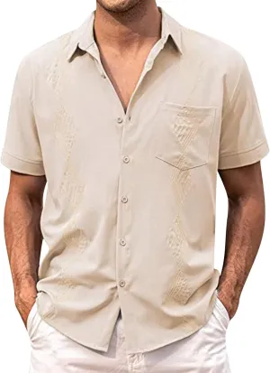 Men's Button Down Guayabera Shirts Cotton Linen Beach Summer Casual Shirts Top Mexican Embroidered Cuban Wedding Shirt