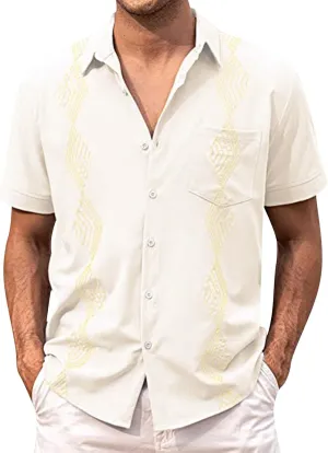 Men's Button Down Guayabera Shirts Cotton Linen Beach Summer Casual Shirts Top Mexican Embroidered Cuban Wedding Shirt