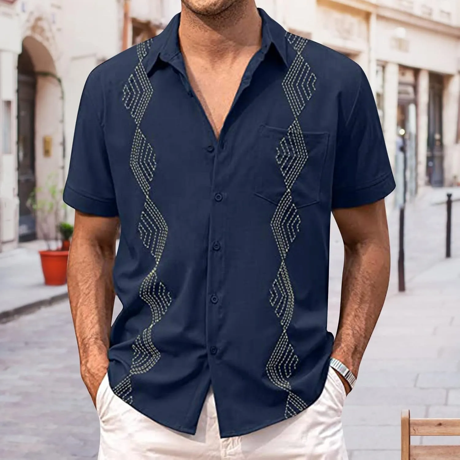 Men's Button Down Guayabera Shirts Cotton Linen Beach Summer Casual Shirts Top Mexican Embroidered Cuban Wedding Shirt
