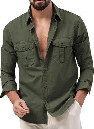 Men's Button Down Long Sleeve T Shirt Collared Fall Fashion Shirts Loose Casual Tops with Pockets