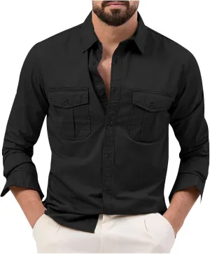 Men's Button Down Long Sleeve T Shirt Collared Fall Fashion Shirts Loose Casual Tops with Pockets