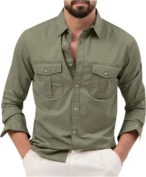 Men's Button Down Long Sleeve T Shirt Collared Fall Fashion Shirts Loose Casual Tops with Pockets