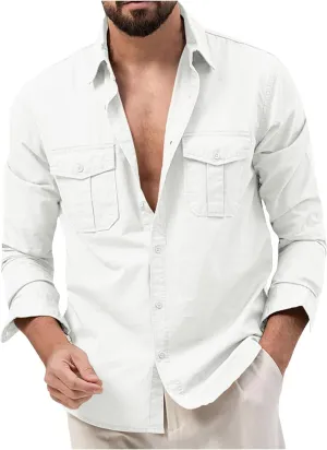 Men's Button Down Long Sleeve T Shirt Collared Fall Fashion Shirts Loose Casual Tops with Pockets