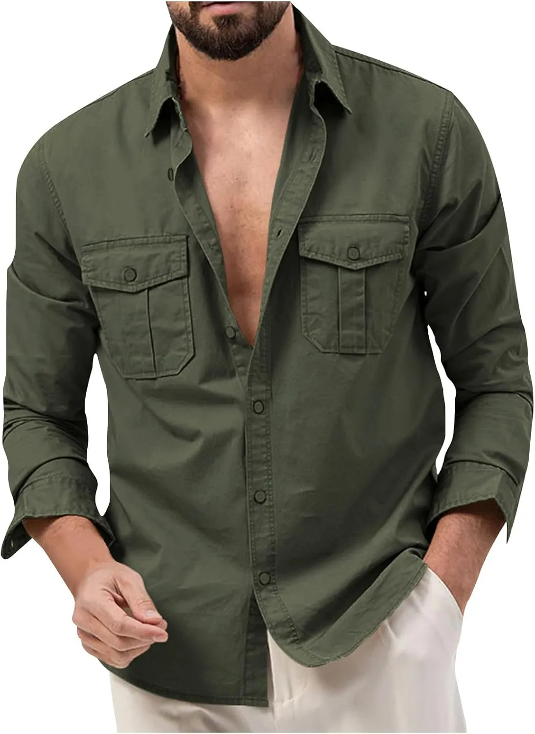 Men's Button Down Long Sleeve T Shirt Collared Fall Fashion Shirts Loose Casual Tops with Pockets