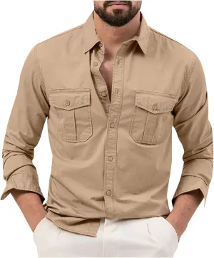 Men's Button Down Long Sleeve T Shirt Collared Fall Fashion Shirts Loose Casual Tops with Pockets