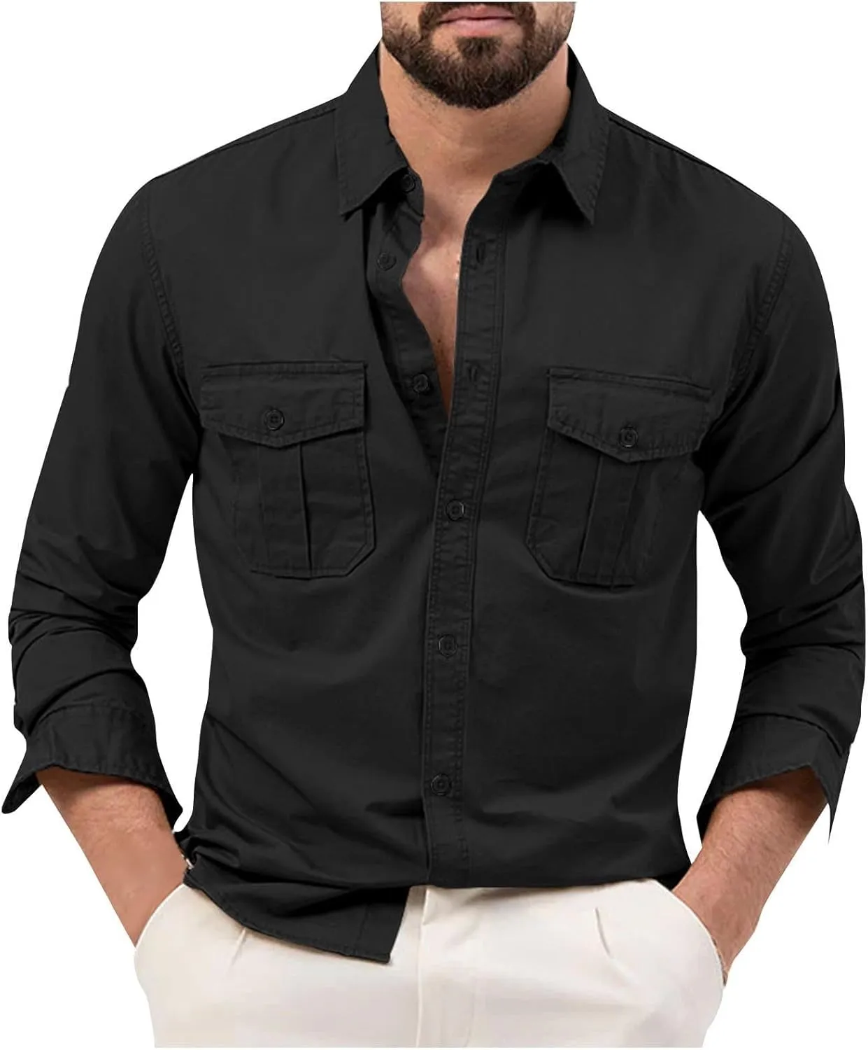 Men's Button Down Long Sleeve T Shirt Collared Fall Fashion Shirts Loose Casual Tops with Pockets