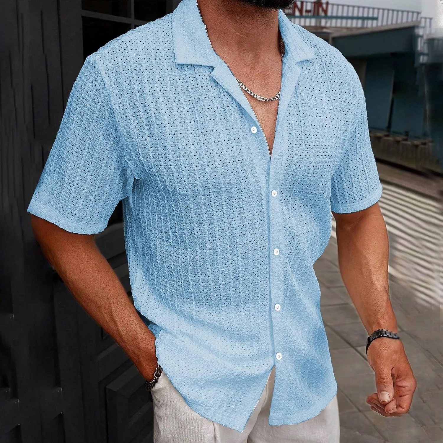 Mens Button Down Shirt Cotton Short Sleeve Casual Summer Beach Gym Workout Oversized Tshirts Stylish Collared T-Shirts