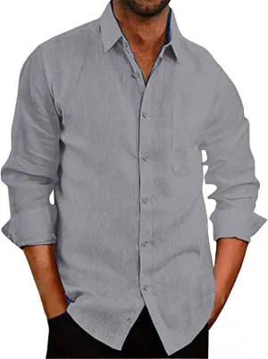Mens Button Down Shirts Long Sleeve Linen Casual Breathable Muscle Fashion Tops Solid Summer Vacation Beach Blouses