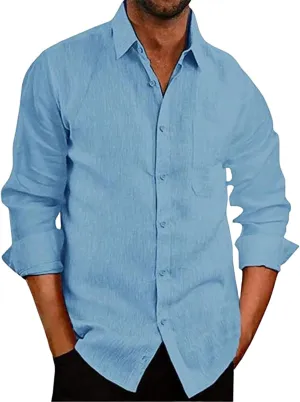 Mens Button Down Shirts Long Sleeve Linen Casual Breathable Muscle Fashion Tops Solid Summer Vacation Beach Blouses
