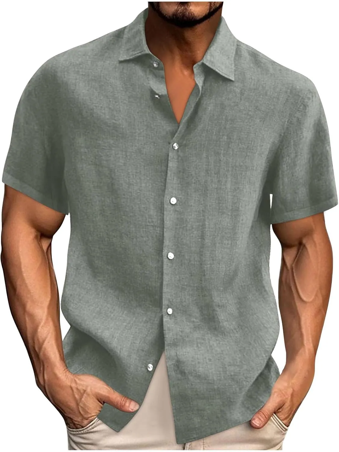 Men's Button Down Short Sleeve Shirt Casual Cotton Linen Blouse Summer Beach Wedding Shirts