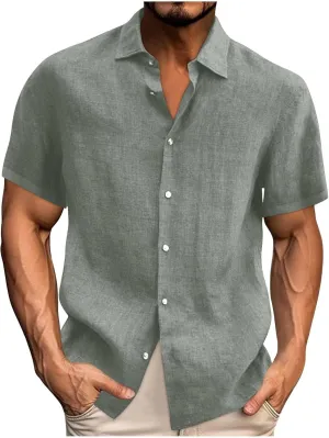 Men's Button Down Short Sleeve Shirt Casual Cotton Linen Blouse Summer Beach Wedding Shirts