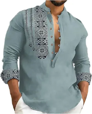 Mens Button Up Cotton Linen Henley Shirt Long Sleeve Hippie Casual African Print Tshirts Band Collar Beach Fall Tops