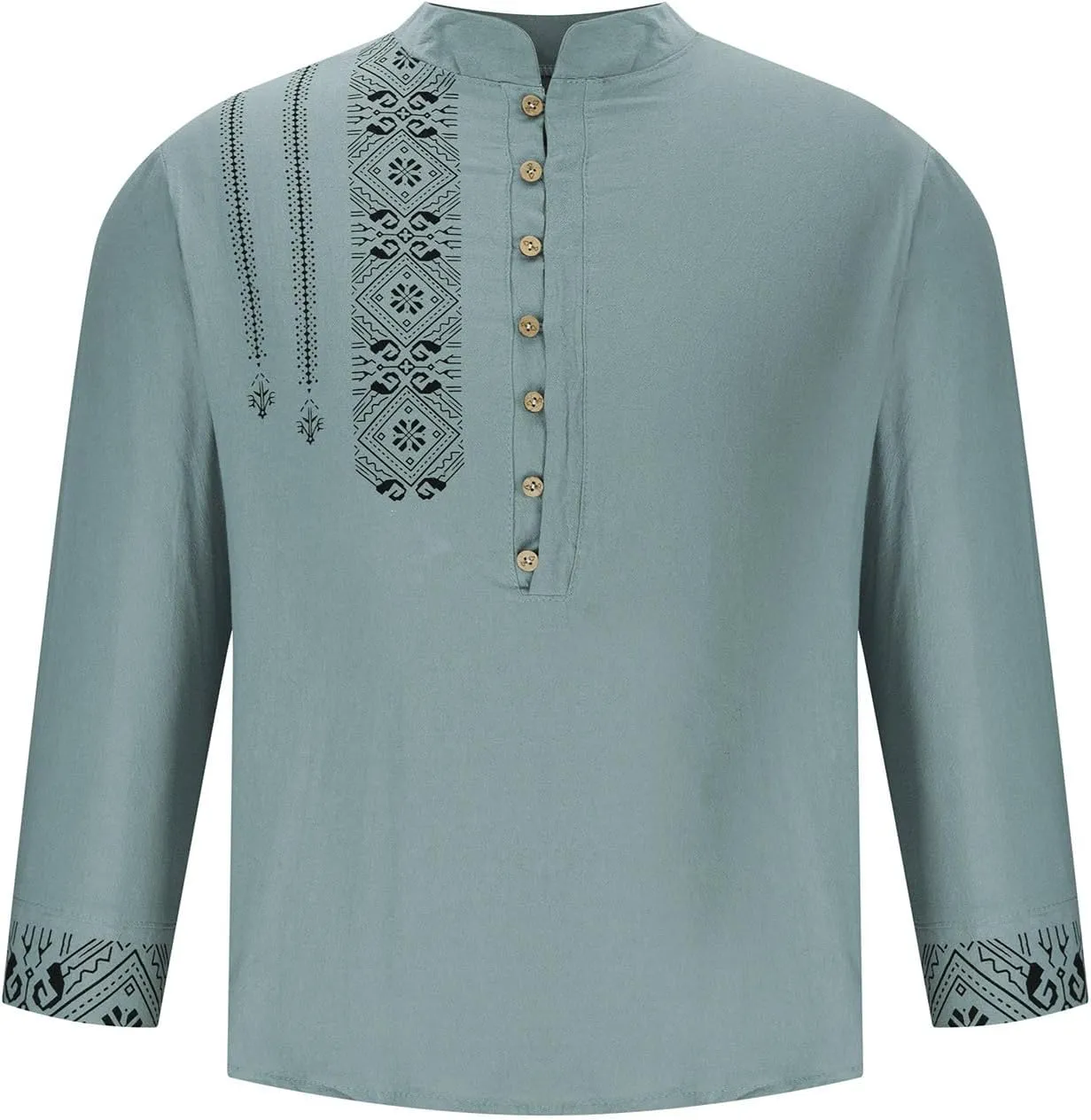 Mens Button Up Cotton Linen Henley Shirt Long Sleeve Hippie Casual African Print Tshirts Band Collar Beach Fall Tops