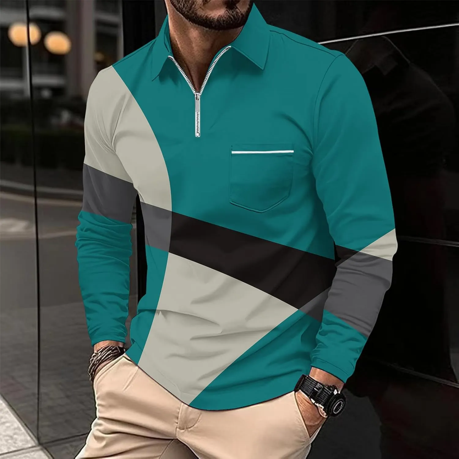 Men's Casual Colour Block Polo Shirts Striped Printed Long Sleeve Tops Zipper Lapel T-Shirt Shirt Fall Shirts