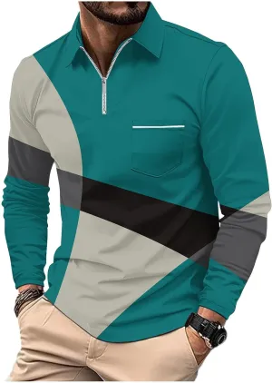 Men's Casual Colour Block Polo Shirts Striped Printed Long Sleeve Tops Zipper Lapel T-Shirt Shirt Fall Shirts