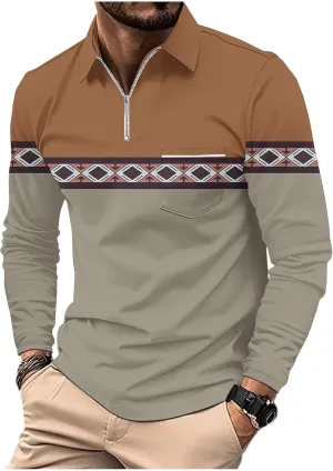 Men's Casual Colour Block Polo Shirts Striped Printed Long Sleeve Tops Zipper Lapel T-Shirt Shirt Fall Shirts