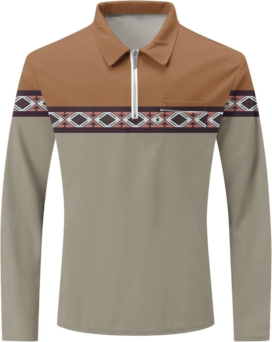 Men's Casual Colour Block Polo Shirts Striped Printed Long Sleeve Tops Zipper Lapel T-Shirt Shirt Fall Shirts