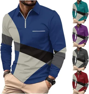 Men's Casual Colour Block Polo Shirts Striped Printed Long Sleeve Tops Zipper Lapel T-Shirt Shirt Fall Shirts