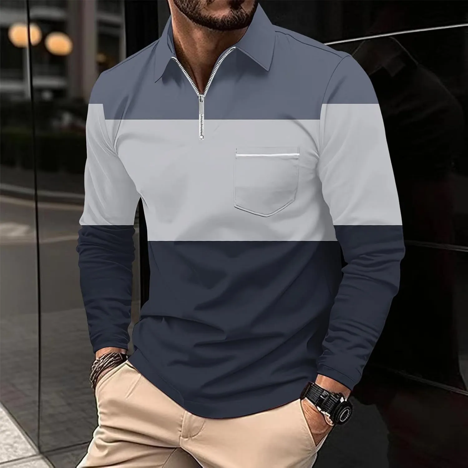 Men's Casual Colour Block Polo Shirts Striped Printed Long Sleeve Tops Zipper Lapel T-Shirt Shirt Fall Shirts