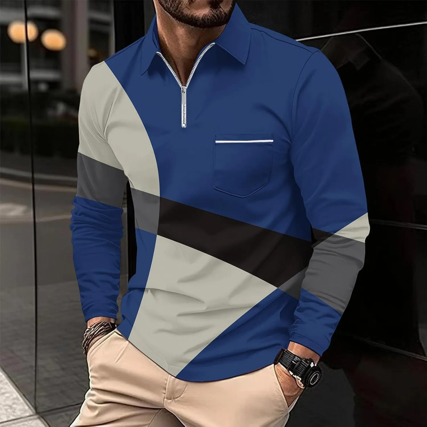 Men's Casual Colour Block Polo Shirts Striped Printed Long Sleeve Tops Zipper Lapel T-Shirt Shirt Fall Shirts