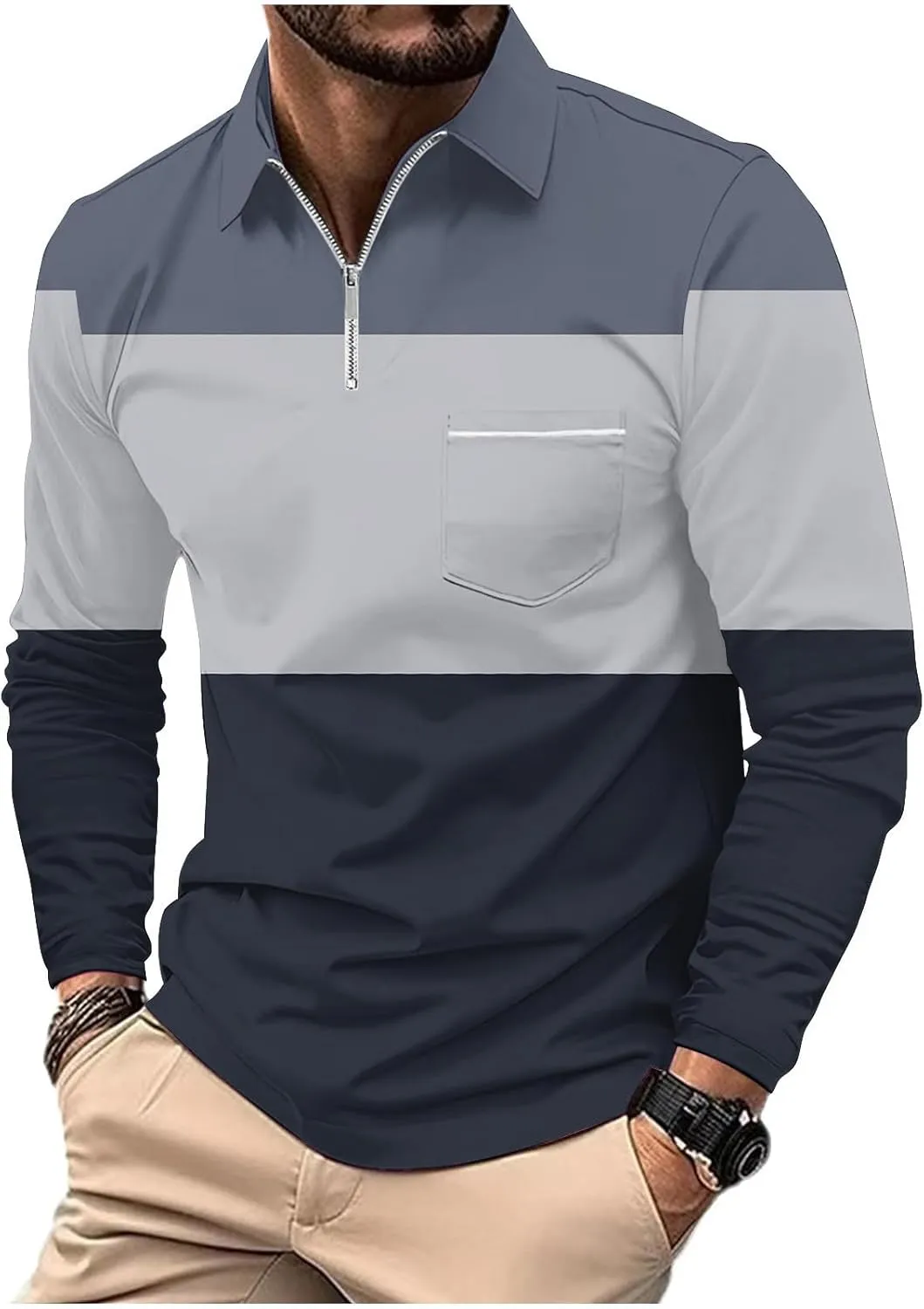 Men's Casual Colour Block Polo Shirts Striped Printed Long Sleeve Tops Zipper Lapel T-Shirt Shirt Fall Shirts