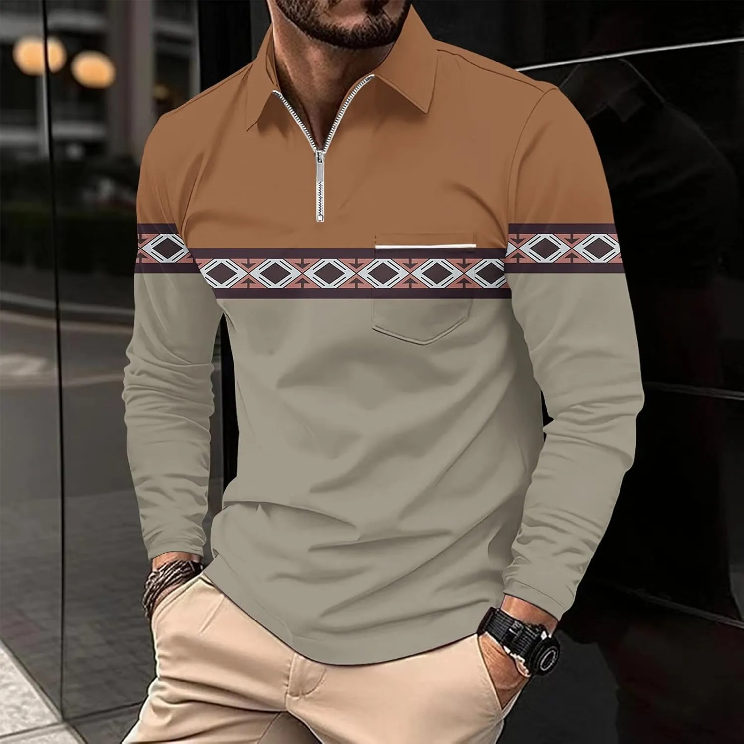 Men's Casual Colour Block Polo Shirts Striped Printed Long Sleeve Tops Zipper Lapel T-Shirt Shirt Fall Shirts