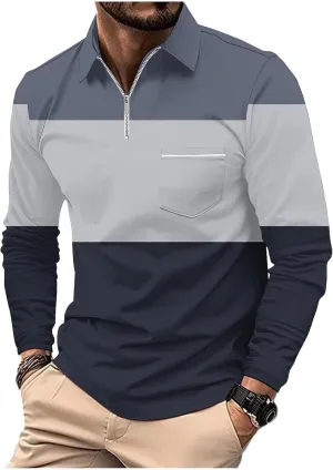 Men's Casual Colour Block Polo Shirts Striped Printed Long Sleeve Tops Zipper Lapel T-Shirt Shirt Fall Shirts