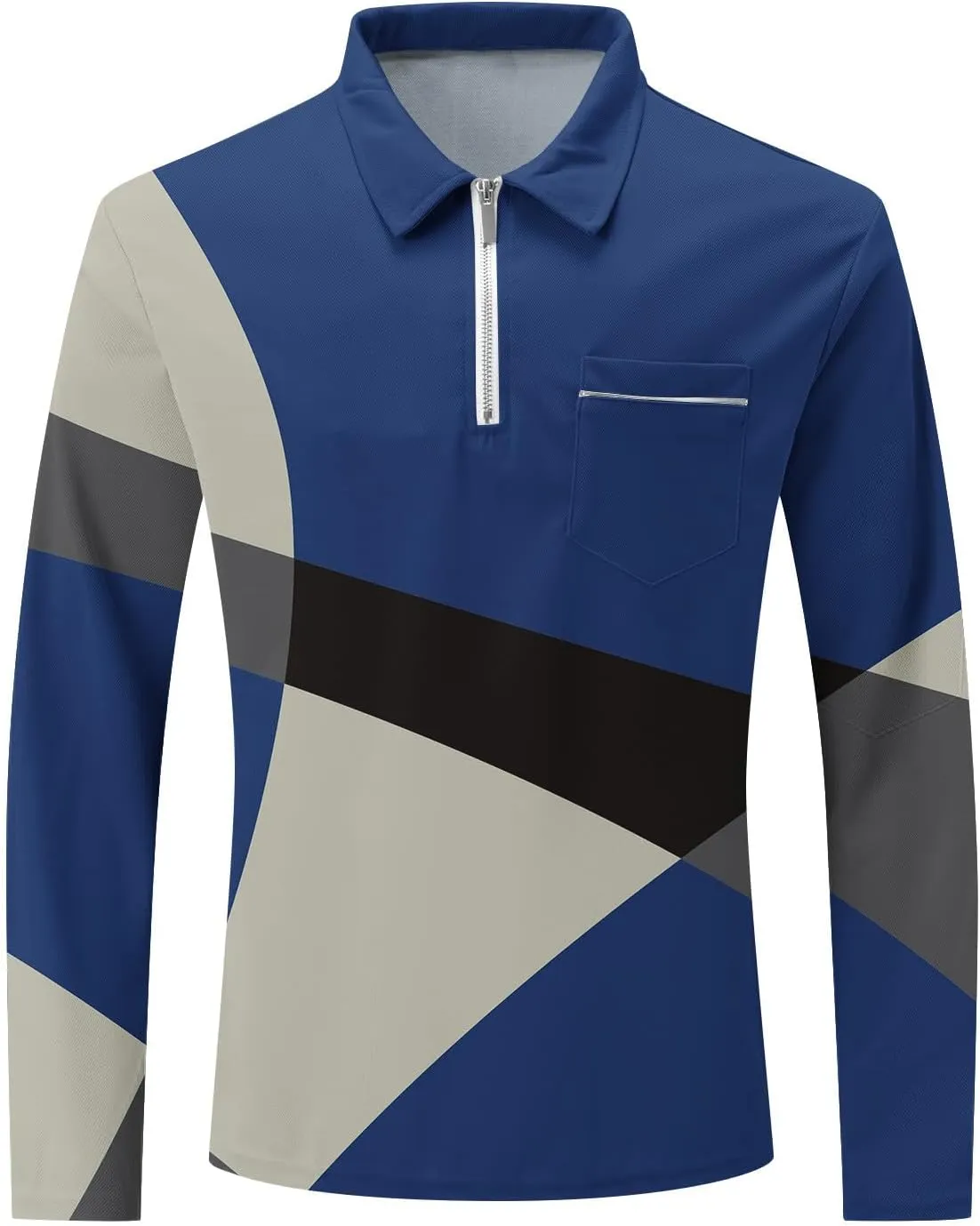 Men's Casual Colour Block Polo Shirts Striped Printed Long Sleeve Tops Zipper Lapel T-Shirt Shirt Fall Shirts