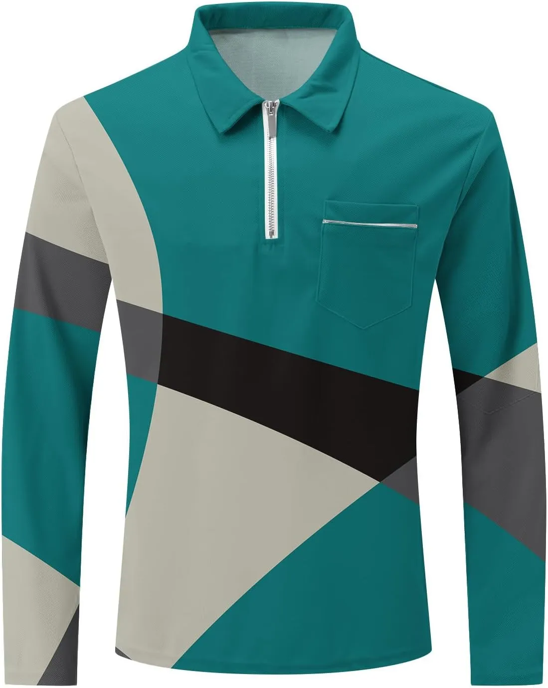 Men's Casual Colour Block Polo Shirts Striped Printed Long Sleeve Tops Zipper Lapel T-Shirt Shirt Fall Shirts