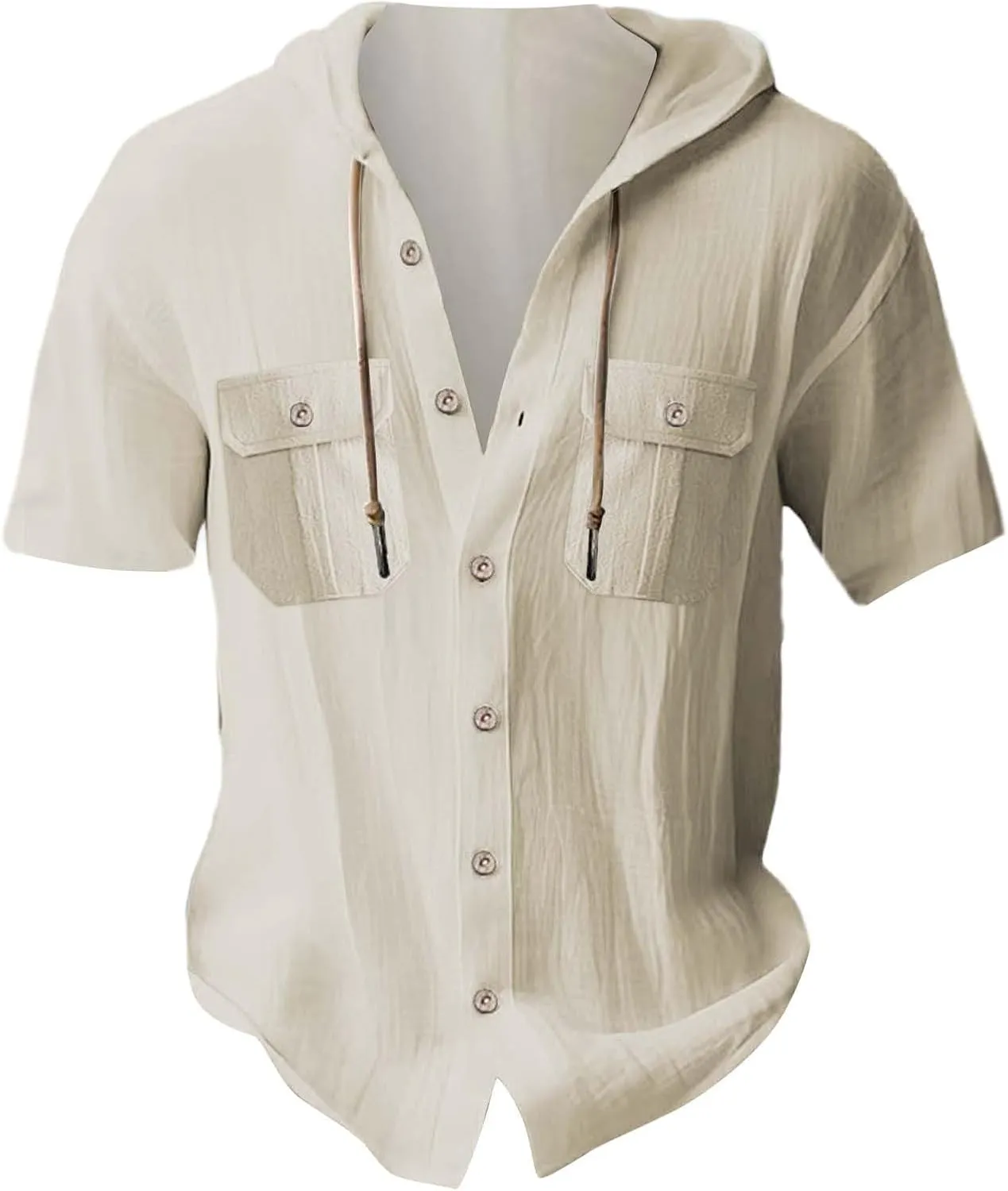 Mens Casual Linen Hooded Shirts Short Sleeve Button Down Yoga Sport T-Shirts Solid Casual Beach Summer Vacation Tops