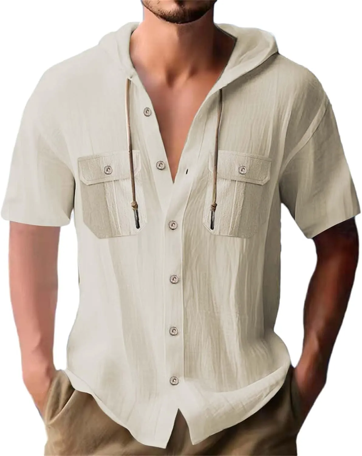 Mens Casual Linen Hooded Shirts Short Sleeve Button Down Yoga Sport T-Shirts Solid Casual Beach Summer Vacation Tops