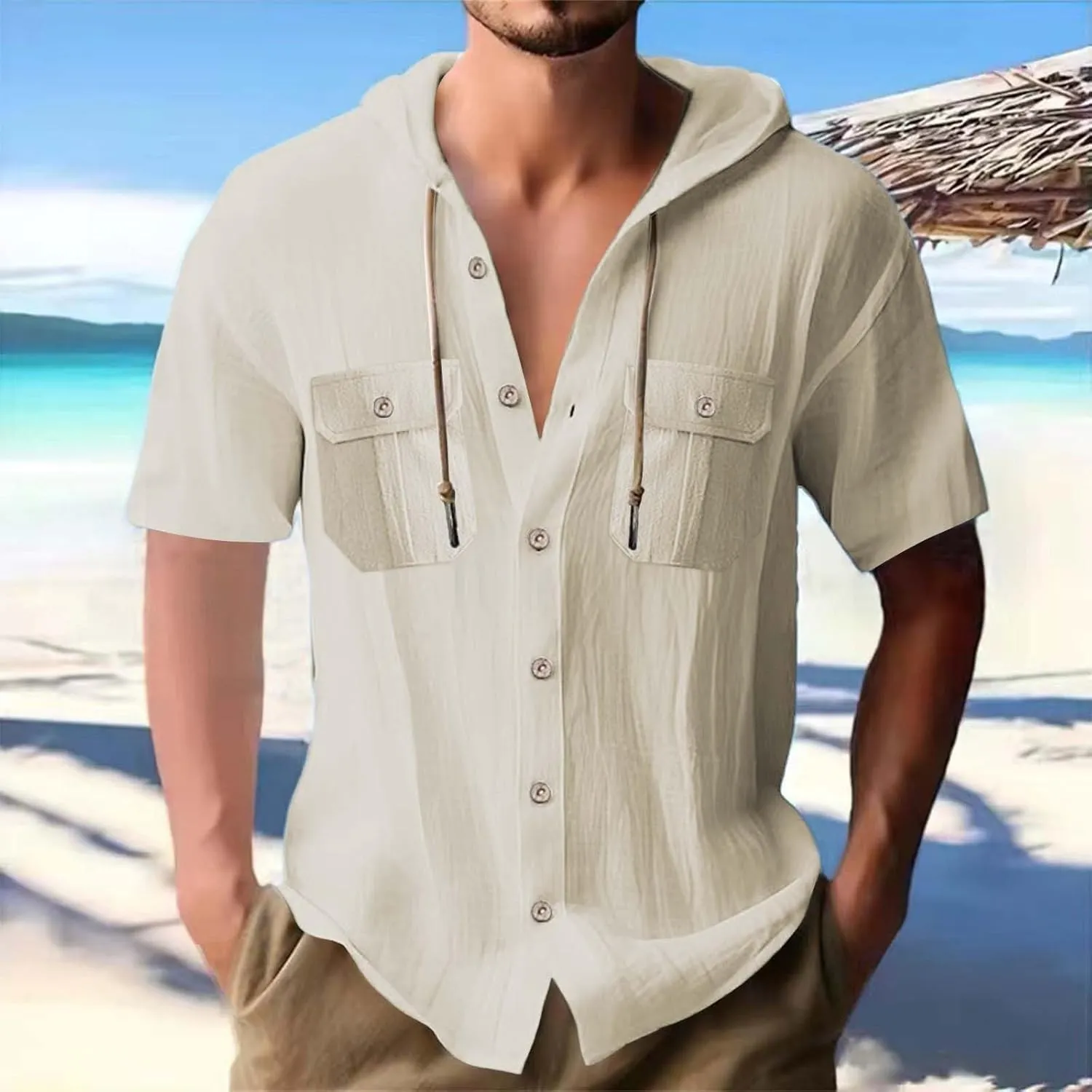 Mens Casual Linen Hooded Shirts Short Sleeve Button Down Yoga Sport T-Shirts Solid Casual Beach Summer Vacation Tops