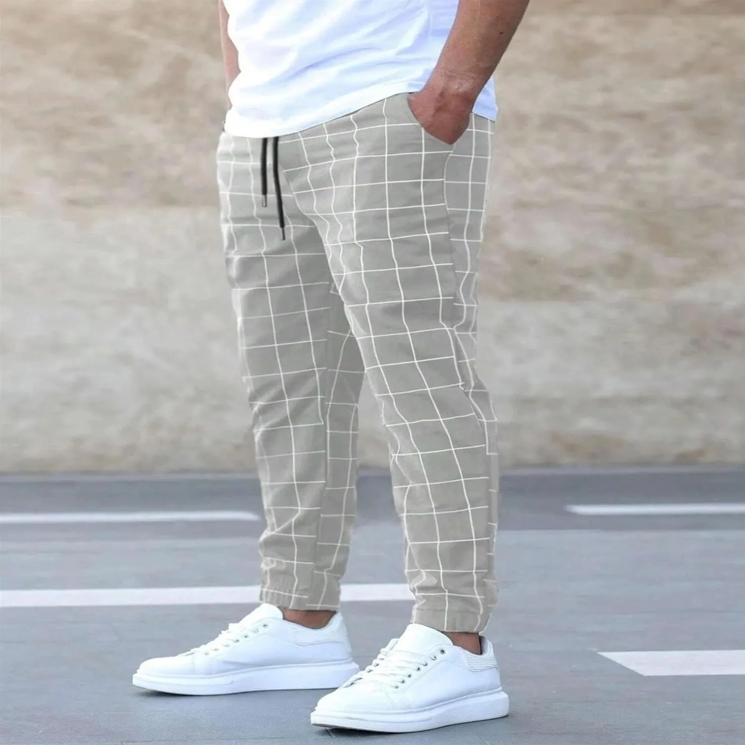 Men's Casual Plaid Pants Drawstring Stretch Dress Pants Slim Fit Skinny Chinos Tapered Business Casual Cinch Pants