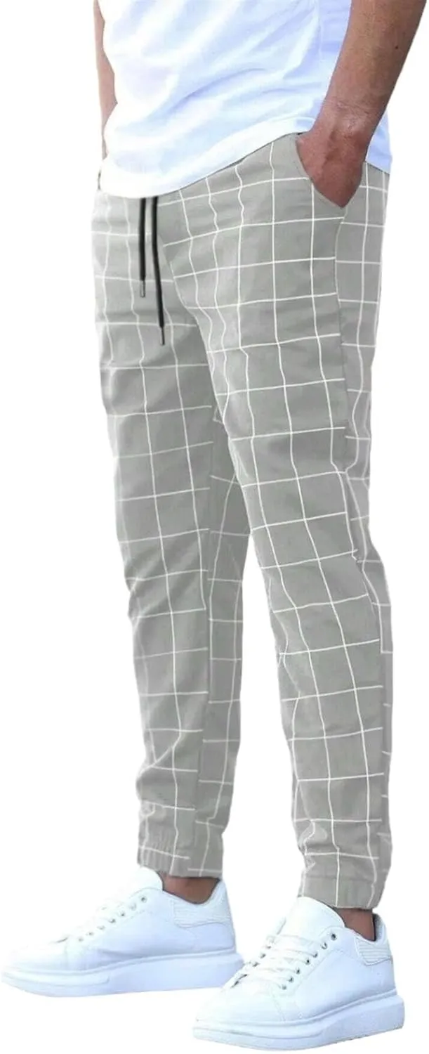Men's Casual Plaid Pants Drawstring Stretch Dress Pants Slim Fit Skinny Chinos Tapered Business Casual Cinch Pants