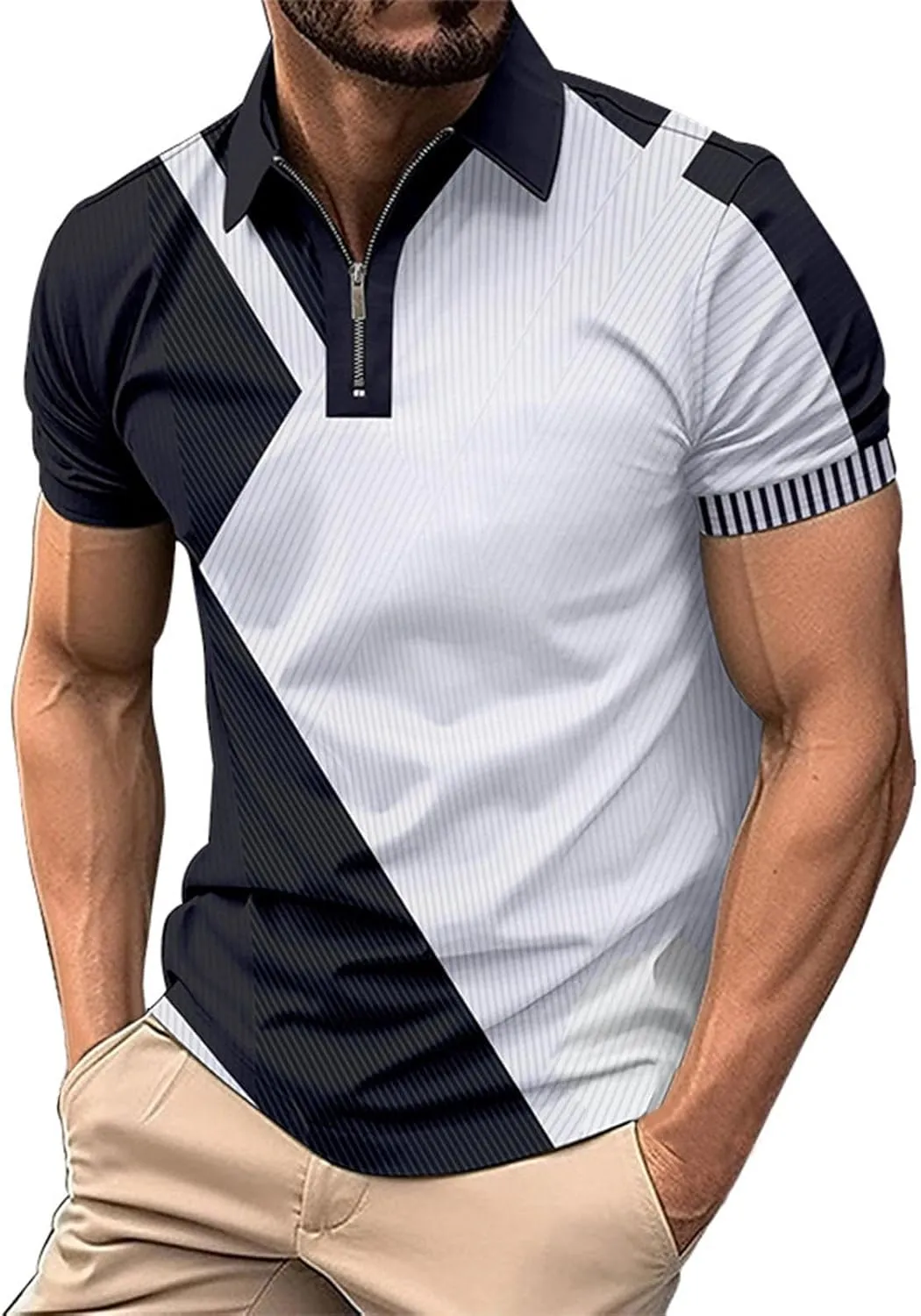 Mens Casual Polo T Shirt Zipper Button Pullover Tops Patchwork Short Sleeve Blouse Classic Golf Shirt