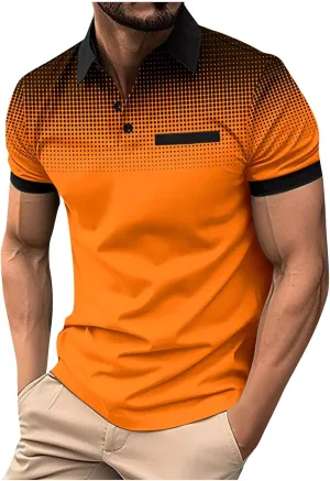 Mens Casual Polo T Shirt Zipper Button Pullover Tops Patchwork Short Sleeve Blouse Classic Golf Shirt
