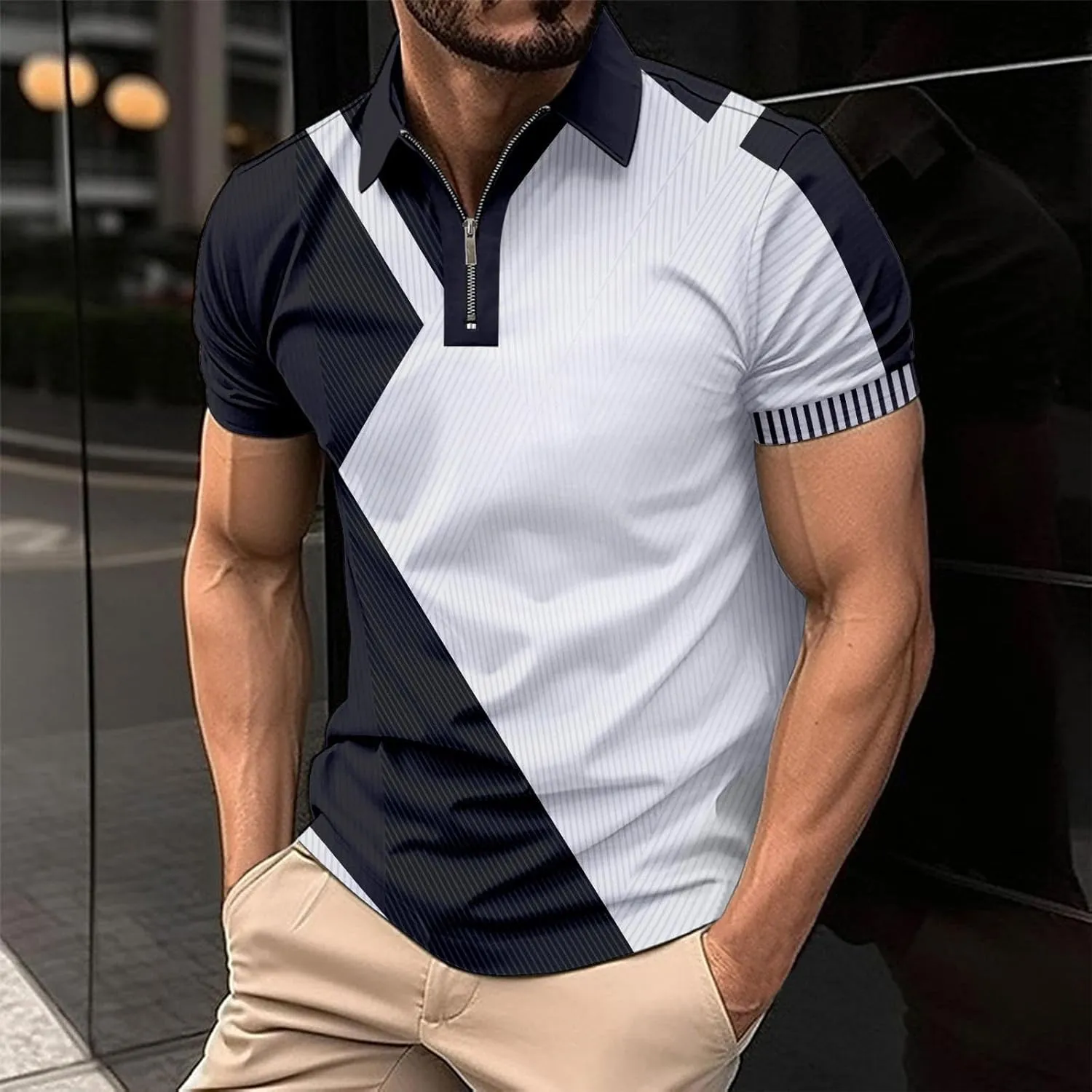 Mens Casual Polo T Shirt Zipper Button Pullover Tops Patchwork Short Sleeve Blouse Classic Golf Shirt