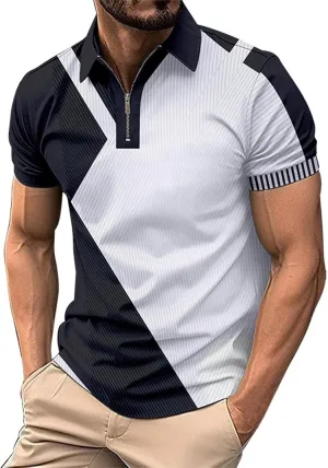 Mens Casual Polo T Shirt Zipper Button Pullover Tops Patchwork Short Sleeve Blouse Classic Golf Shirt
