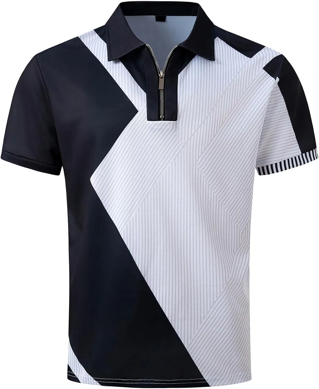 Mens Casual Polo T Shirt Zipper Button Pullover Tops Patchwork Short Sleeve Blouse Classic Golf Shirt