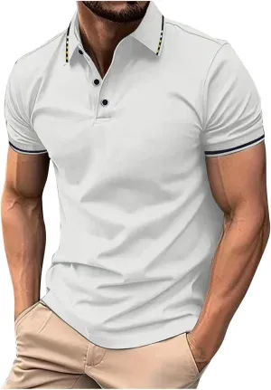 Mens Casual Polo T Shirt Zipper Button Pullover Tops Patchwork Short Sleeve Blouse Classic Golf Shirt