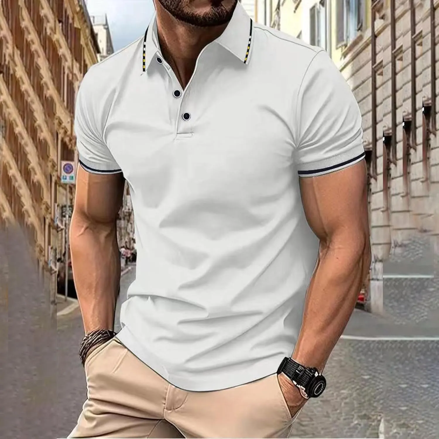 Mens Casual Polo T Shirt Zipper Button Pullover Tops Patchwork Short Sleeve Blouse Classic Golf Shirt